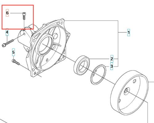 Śruba sprzęgła wykaszarki 345Fxt Husqvarna, widoczna z boku, montowana na osłonie silnika. Metalowa, o cylindrycznym kształcie i gwintowanej końcówce. Przeznaczenie: mocowanie części. W tle schemat części do wykaszarki, na jasnym tle.