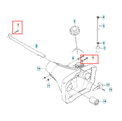 Metalowa śruba wykaszarki Husqvarna 345Fxt z gwintem u góry, widoczna z boku na schemacie. Standardowy element montażowy do ogrodniczych urządzeń, nieprzezroczysty.