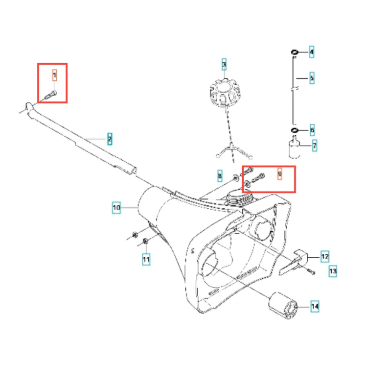 Metalowa śruba wykaszarki Husqvarna 345Fxt z gwintem u góry, widoczna z boku na schemacie. Standardowy element montażowy do ogrodniczych urządzeń, nieprzezroczysty.