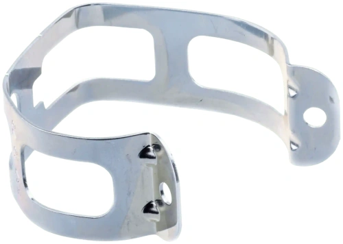 Łącznik wykaszarki 345Fxt Husqvarna, metalowy, w kolorze srebrnym, z otworami montażowymi oraz zaokrąglonymi krawędziami. Ujęcie z góry ukazuje jego elastyczny kształt i detale. Produkt leży na gładkim tle.