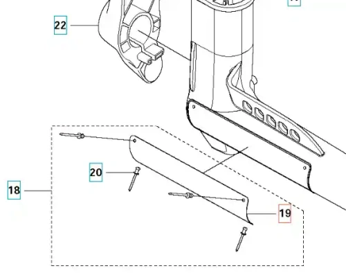 Osłona wspornika wykaszarki 343 FR Husqvarna, w kolorze szarym, ma prostokątny kształt. Widoczna z boku, zamontowana, z otworami na śruby. Na obudowie brak widocznych napisów. Elementy montażowe w komplecie. Produkt przedstawiony na jednolitym tle.