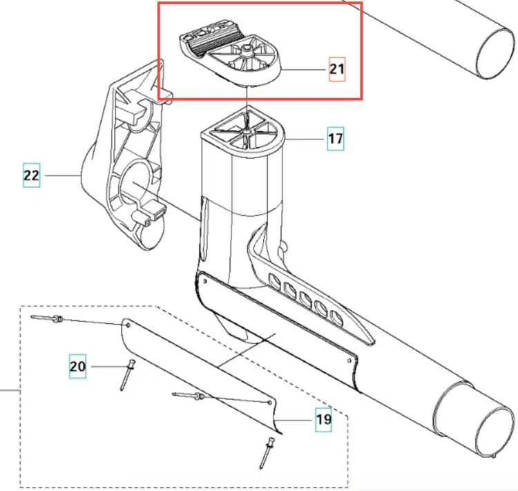 Wspornik uchwytu wykaszarki 345 FX Husqvarna w kolorze czarnym, wykonany z tworzywa sztucznego, o ergonomicznym kształcie. Widoczny z góry, umieszczony w pozycji poziomej, z detalami mocującymi. Część z elementem montażowym i oznaczeniami.