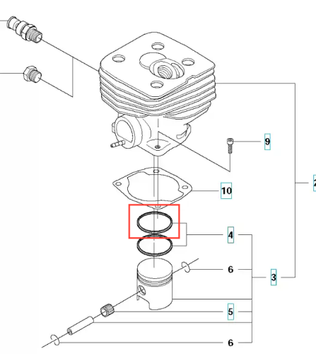 Pierscień tłoka wykaszarki 345Fxt Husqvarna, widoczny w zbliżeniu, w kolorze czarnym, z materiału gumowego. Element o okrągłym kształcie, umieszczony pomiędzy tłokiem a cylindrem. Idealny do zastosowań z mechanicznymi narzędziami ogrodowymi.