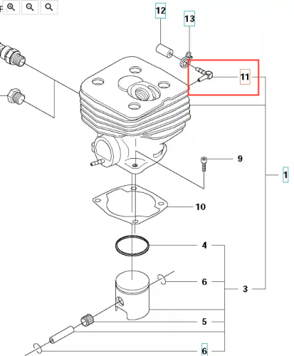 Schemat kolektora wykaszarki Husqvarna 345Fxt z widokiem z góry, pokazujący cylinder, tłok i mocowania na białym tle, z wyraźnym oznaczeniem części i szczegółowym układem połączeń.