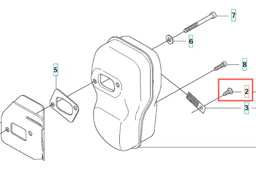 Śruba tłumika do wykaszarki Husqvarna 345Fxt, mały metalowy element, na rysunku z numerem 2, w formie cylindrycznej, z widoczną gwintowaną częścią. Prosta, funkcjonalna konstrukcja, idealna do montażu. Na tle innych części.
