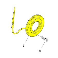 Żółty stojan wykaszarki 345Fxt Husqvarna z widocznym mocowaniem i długim kabelkiem. Ujęcie frontalne, detale wyraźne. Obok widoczna śruba mocująca. Elementy produkcyjne, idealne do zamontowania w wykasarce.