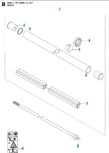Rura wału wykaszarki Husqvarna 345Fxt, metalowa, cylindryczna, o długości przeciętnej, z gwintem na jednym końcu. Elementy mocujące widoczne, o prostym wyglądzie. Tło białe, bez dodatkowych elementów.