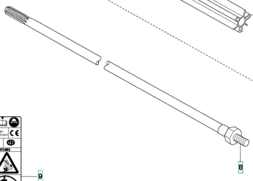 Wał napędowy wykaszarki 345 FX Husqvarna, widoczny z boku, ma prostą, cylindryczną formę. Wykonany z metalu, z gładką fakturą i gwintowanym końcem umożliwiającym montaż. Logo producenta umieszczone w dolnym lewym rogu. Produkt na białym tle.
