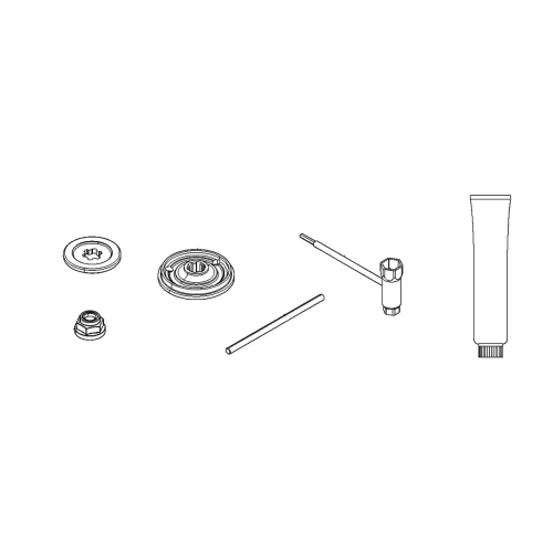 Zestaw akcesoriów do torby Husqvarna składający się z metalowej nakrętki, koła zębatym, narzędzia w kształcie walca, długiego pręta oraz tubki z substancją smarną. Elementy są ułożone poziomo na jednolitym tle.