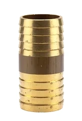 Mosiężny reparator do węży 1 1/4, cylindryczny, złoty z brązowym paskiem. Pionowo na białym tle, metaliczna, gładka powierzchnia. Do naprawy węży ogrodowych.