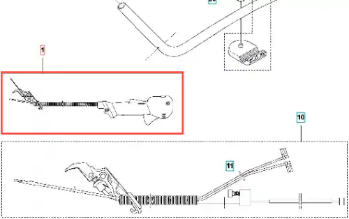 Zespół uchwytu przepustnicy wykaszarki Husqvarna 345 FR, widok z boku. Część metalowa z ergonomicznym uchwytem, linki i mechanizmy mocujące. Na prostym tle, ukazująca szczegóły konstrukcji i elementy wymagane do montażu.