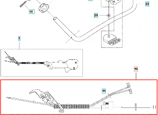 Instalacja elektryczna do wykaszarki Husqvarna 345 FR z ciemnoszarym przewodem i elementami roboczymi. Widok z boku, ukazujący uchwyt, złącze i detale mocowania. Produkt w nowych, nieużywanych warunkach, prezentowany na jasnym tle.