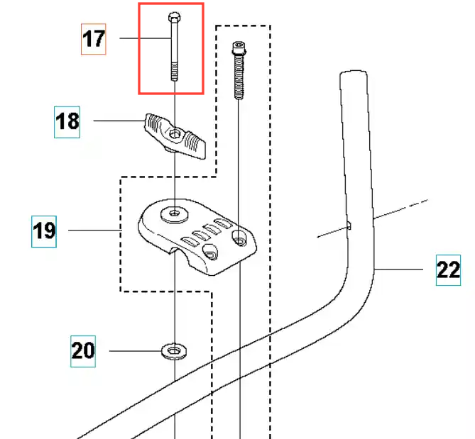 Metalowa śruba dźwigni gazu wykaszarki Husqvarna 345 FR, cylindryczna z widocznymi gwintami, na jednolitym tle, detal mechaniczny urządzenia.