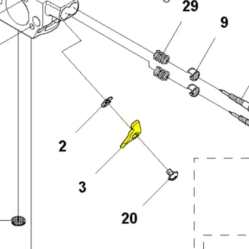 Dźwignia gaźnika wykaszarki 345 FR Husqvarna w kolorze żółtym, ukazana w zbliżeniu, z wyraźnymi detalami i oznaczeniami. Element znajduje się w pozycji poziomej, z widocznymi mocowaniami oraz innymi częściami. Tło jednolite, białe.