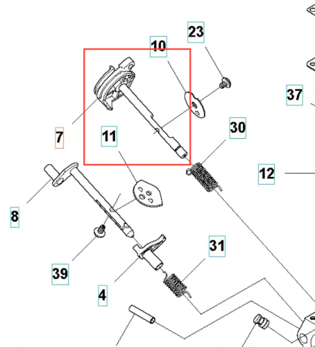 Zespół wału gaźnika wykaszarki 345 FR Husqvarna, widoczny z boku, w pozycji poziomej. Element metalowy, o prostokątnym kształcie, z charakterystycznym mocowaniem. Na części widoczne są oznaczenia numerów katalogowych. Tło jasne, neutralne.