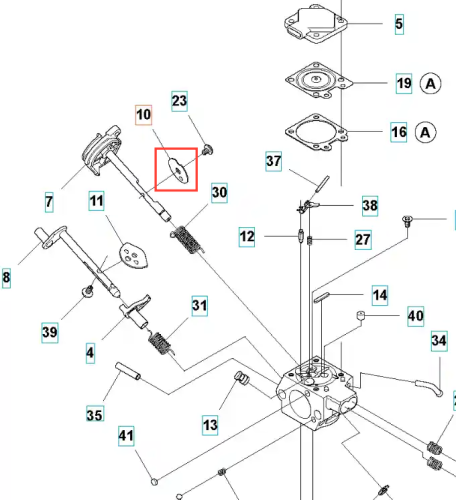 Metalowy, srebrny zawór gaźnika wykaszarki Husqvarna 345 FR, widoczny z góry, z kompaktowym kształtem i zamontowanymi mocowaniami na neutralnym tle, uwydatniającym detale konstrukcyjne.