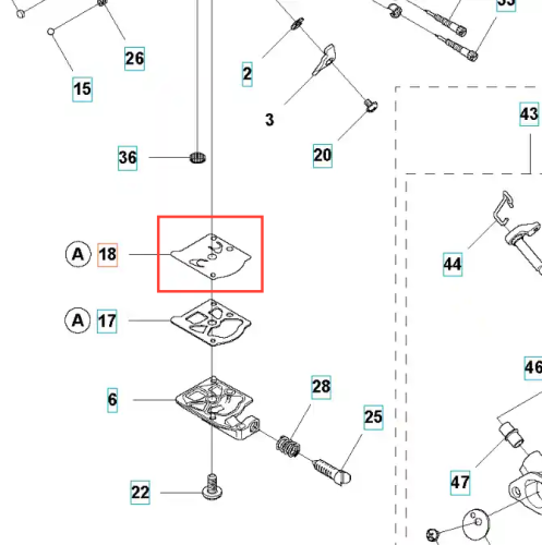 Membrana gaźnika wykaszarki Husqvarna 345 FR w kolorze szarym, o prostokątnym kształcie z wycięciami. Widoczna w układzie na rysunku technicznym, z zamocowanymi elementami. Wykonana z materiału odpornym na działanie paliwa.