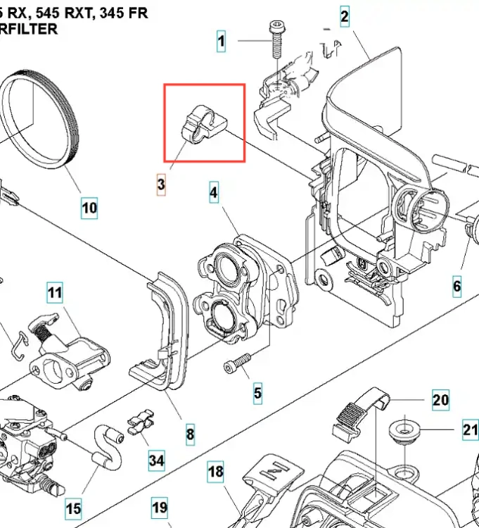 Pierścień uszczelniający do wykaszarki Husqvarna 345 FR, prostokątny z wypustkami, elastyczny, kluczowy dla uszczelnienia. Zbliżenie z boku na białym tle.