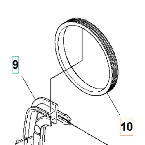 Czarny, okrągły pierścień uszczelniający do wykaszarki Husqvarna 345 FR z rowkiem na krawędzi. Zbliżenie pokazujące szczegóły produktu na białym tle, leżący płasko.