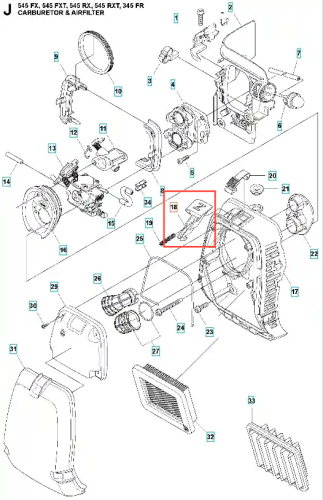 Dźwignia ssania do wykaszarki 345 FR Husqvarna, widoczna z boku, wykonana z czarnego plastiku. Produkt ma prostokątny kształt z wyraźnym uchwytem i wskaźnikiem działania. Element znajduje się na białym tle, co podkreśla detale konstrukcji.