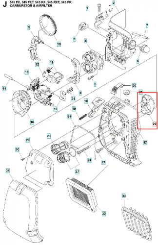 Pokrywa gaźnika wykaszarki 345 FR Husqvarna w kolorze czarnym. Widok frontalny na zamkniętą pokrywę z wyraźnym logo i napisem. Materiał plastikowy, teksturowany. Produkt przeznaczony do ochrony gaźnika. Tło jednolite, jasne.