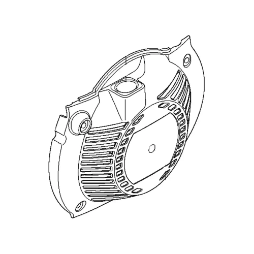Zespół rozrusznika wykaszarki 345 FR Husqvarna w widoku z boku. Produkt wykonany z tworzywa sztucznego z wentylacyjnymi otworami. Centralna część ma okrągły kształt z gładką powierzchnią. Widać miejsca na mocowania. Tło jednolite.
