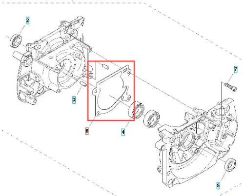 Uszczelka skrzyni korbowej wykaszarki 345 FR Husqvarna, mocno teksturowana, z widocznymi otworami montażowymi. Zbliżenie na kształt i szczegóły. Element znajduje się w kontekście montażu silnika, na białym tle, co ułatwia identyfikację.