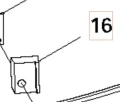 Trzpień wykaszarki Husqvarna 336RK, metalowy, prostokątny o wymiarach widocznych w schemacie. Element montażowy z otworem, umieszczony w pozycji poziomej. Posiada numer 16, który jest dobrze widoczny. Brak dodatkowych ozdób czy tekstur.