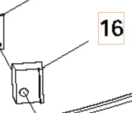 Trzpień wykaszarki Husqvarna 336RK, metalowy, prostokątny o wymiarach widocznych w schemacie. Element montażowy z otworem, umieszczony w pozycji poziomej. Posiada numer 16, który jest dobrze widoczny. Brak dodatkowych ozdób czy tekstur.