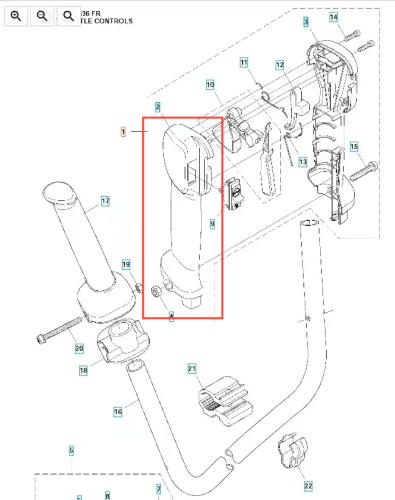 Uchwyt wykaszarki 336RK Husqvarna, widoczny z boku, w pozycji stojącej. Produkt w kolorze ciemnoszarym z wyraźnymi elementami mocującymi. Na uchwycie słabo widoczne logo Husqvarna oraz numery referencyjne. Elementy montażowe dobrze widoczne w tle.