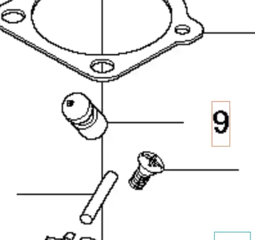 Zespół dyszy do wykaszarki 336RK Husqvarna, ukazany z góry. Widoczny element montażowy z cylindrycznym wkładem, śruba oraz długi smukły element. Całość na tle technicznym z siatką, co podkreśla precyzyjny charakter produktu.