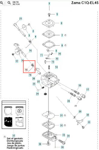 Sprężyna gaźnika do wykaszarki Husqvarna 336RK/333R, metalowa, sprężysta, w kolorze srebrnym. Widoczna w zbliżeniu w układzie poziomym, z detalem montażowym. Idealna do naprawy lub wymiany w urządzeniach do pielęgnacji terenu.