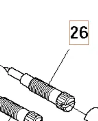 Śruba gaźnika wykaszarki Husqvarna, widoczna w zbliżeniu. Ma metaliczny, gwintowany korpus z detalem w górnej części, służy do mocowania. Na produkcie widnieje numer 26. Tło jest białe, co podkreśla szczegóły śruby.
