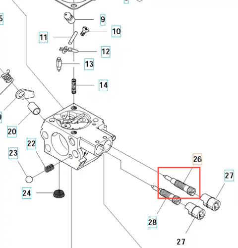 Śruba gaźnika do wykaszarki Husqvarna 336RK, metalowa, w kolorze srebrnym, prezentująca okrągły kształt z gwintem. Widoczna z boku, w kontekście części gaźnika. Bez widocznych napisów i logo. Zbliżenie na mocowanie i detale gwintu.