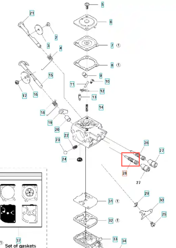 Śruba gaźnika do wykaszarki Husqvarna 336RK/333RJ, metaliczna, w kolorze srebrnym, z gwintem na końcu. Widoczna w detalach struktura z delikatnym połyskiem. Produkt przedstawiony w zbliżeniu na białym tle, co podkreśla jego kształt i szczegóły.
