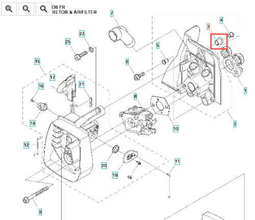 Tuleja wykaszarki 336RK Husqvarna, czarna metalowa, widoczna z boku z detalami mocowania. Prosta kompozycja na białym tle, idealna do naprawy lub wymiany części wykaszarki.