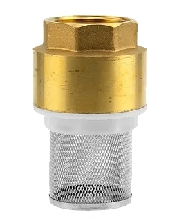 Filtr ssący mosiężny z zaworem zwrotnym G 1 1/4, z metalową siatką i białym korpusem. Produkt widoczny z boku, ukazuje złoty gwint oraz rozmiar. Tło jednolite, co podkreśla detale i funkcję filtra.