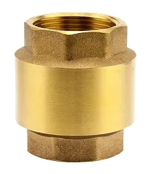 Zawór zwrotny mosiężny G 1 1/4, widoczny w zbliżeniu, stojący. Oferuje okrągły kształt, gładką, metaliczną powierzchnię, złoty kolor. Brak czytelnych napisów lub logo. Tło proste, co podkreśla produkt.
