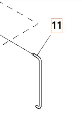 Metalowe cięgno wykaszarki Husqvarna 336RK, srebrne, proste z zaokrąglonym końcem. Numer '11' u góry rysunku. Widok boczny, techniczny obraz produktu.