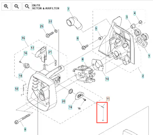 Cięgno wykaszarki 336RK Husqvarna, wykonane z metalu, ma żółty kolor, z wyprofilowanym kształtem. Produkt przedstawiony z góry, leży na białym tle. Widoczne szczegóły – mocowanie na końcu oraz wyraźne linie konstrukcyjne.