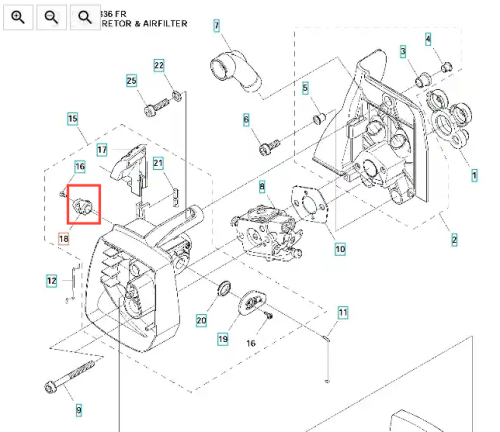 Dźwignia ssania wykaszarki 336RK Husqvarna w kolorze czarnym, wykonana z tworzywa sztucznego. Ujęcie z boku, pokazujące detale mechanizmu. Widoczne logo Husqvarna oraz numery części. Produkt w pozycji zamontowanej, otoczenie na jednolitym tle.