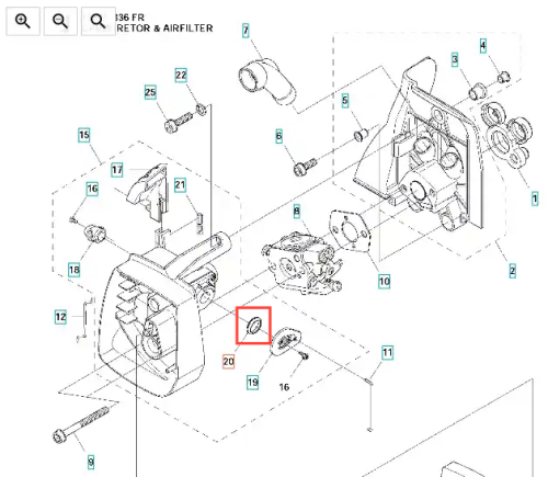 Miech wykaszarki 336RK Husqvarna, metalowy element o zaokrąglonym kształcie, widoczny w złożonym schemacie. Przedmiot w kolorze szarym, zamontowany asygnowany do użycia w urządzeniu. Sprawdź zestawienie z innymi podzespołami na rysunku.