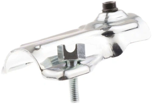 Zacisk przekładni kątowej wykaszarki 336RK Husqvarna w metalicznym wykończeniu. Widoczny gwintowany element montażowy oraz podwyższenie na górze. Produkt na białym tle, eksponujący detale konstrukcyjne. Idealny do zastosowań w ogrodnictwie.