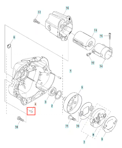 Kołek równoległy do wykaszarki, metalowy, o cylindrycznej formie, umieszczony wśród innych elementów. Widoczny z bliska, w pozycji leżącej, na białym tle. Powierzchnia gładka, bez widocznych napisów lub logo. Długość kołka nieokreślona.