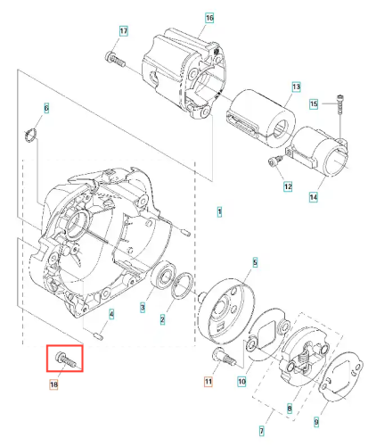 Śruba sprzęgła wykaszarki Husqvarna M6x21.5, metalowa, o walcowym kształcie, widoczna w zbliżeniu na szczegółach montażowych. Element znajduje się w układzie przestrzennym, na prostym tle. Szczegóły gwintów widoczne w dolnej części śruby.