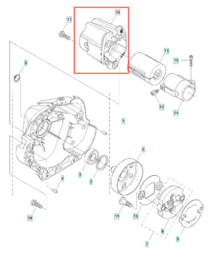 Czarna osłona sprzęgła wykaszarki Husqvarna 336RK, widoczna z boku z detalami mocowania i oznaczeniami, ułożona poziomo na schemacie, idealna do wymiany w sprzęcie ogrodniczym.