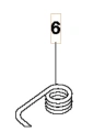 Sprężyna zapłonu wykaszarki Husqvarna 336RK w kształcie spiralnym. Ułożona poziomo z zakończeniem w formie hakiem. Widoczny numer 6. Stalowa, z wyraźnym detalem i gładką fakturą. Na białym tle, co ułatwia dostrzeganie detali.