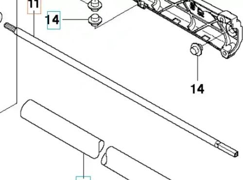 Wał napędowy wykaszarki Husqvarna, prosty, metalowy element w kolorze szarym, z detalami mocowań. Widoczny w zbliżeniu, leży poziomo, obok dwóch cylindrycznych fragmentów. Brak logo i dodatkowych znaków.