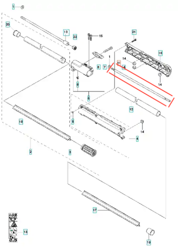 Wał napędowy wykaszarki 336RK Husqvarna, metalowy, cylindryczny element z wyraźnymi mocowaniami na obu końcach, przedstawiony z boku. Tło białe, co pozwala na wyraźne dostrzeganie detali konstrukcji.