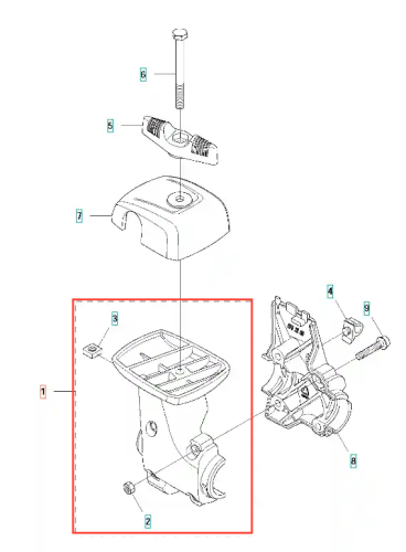Wspornik uchwytu wykaszarki 336RK Husqvarna w kolorze czarnym z detalami w szarości. Ujęcie frontalne, produkt w pozycji stojącej. Widoczne otwory montażowe oraz tekstura powierzchni, co sugeruje wytrzymałość. Obok widoczne elementy mocujące.